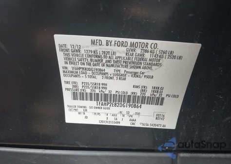 2013 Ford Taurus Sel из США, поврежденный, VIN 1FAHP2E82DG190864